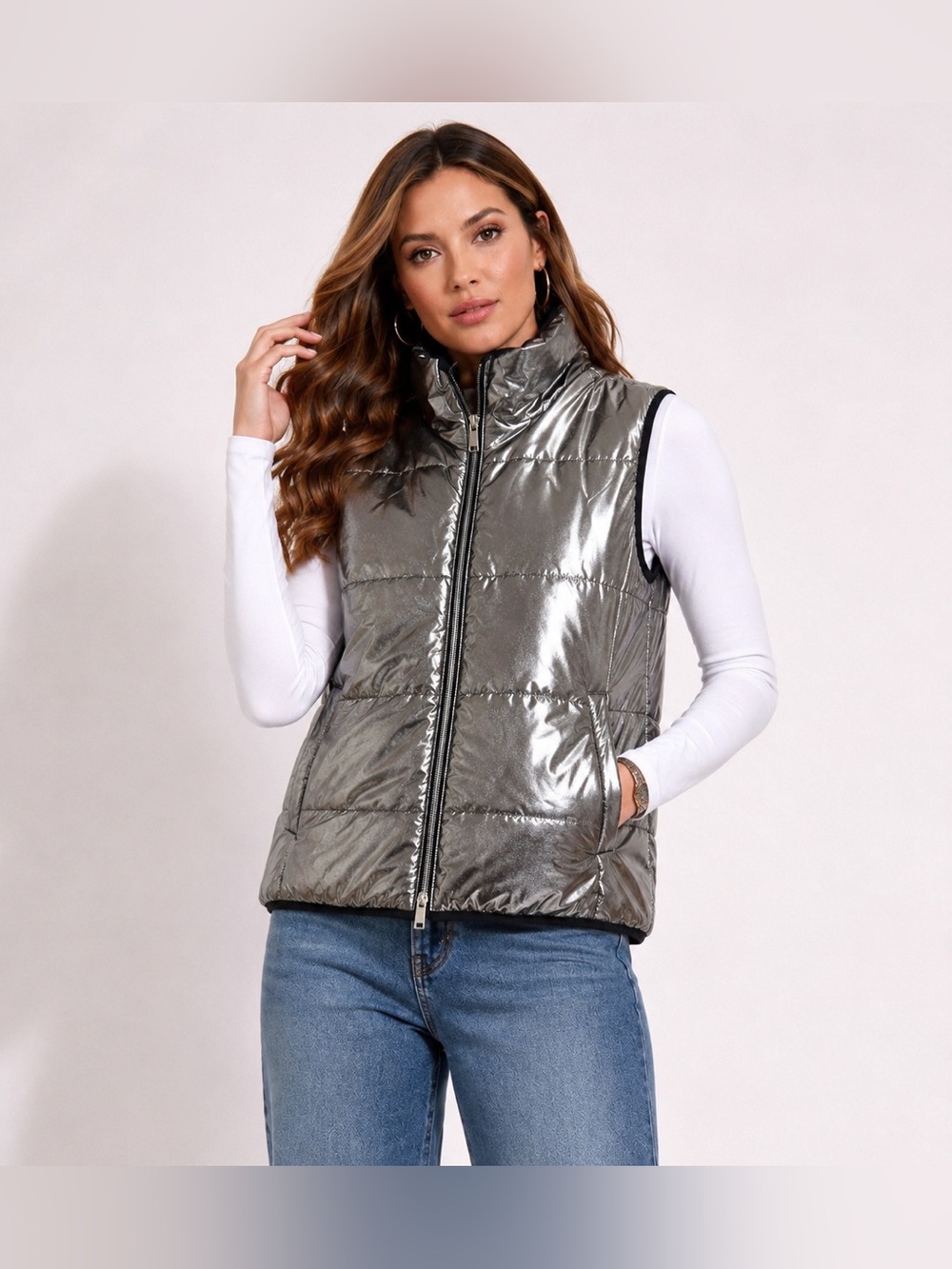Xersion Puffer Puffy Vest. Silver Metallic Futuristic. Black Fleece Lined XXL
